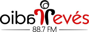Logotipo de radio revés en rojo y negro.